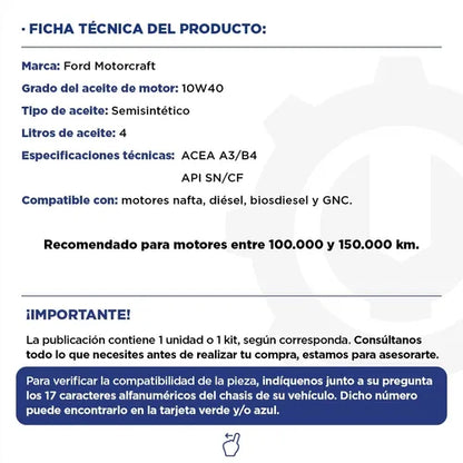 Aceite Motorcraft Semi-sintético 10w-40 | Original Ford por 4 Litros