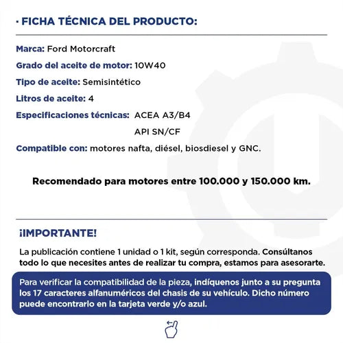 Aceite Motorcraft Semi-sintético 10w-40 | Original Ford por 4 Litros