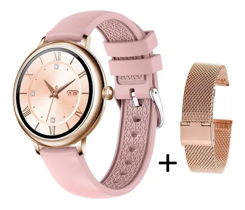 Smartwatch Genérico con Caja y Bisel Dorado, Malla Rosa de Silicona | Elegancia y Funcionalidad