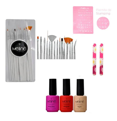 Kit Completo Meliné para Uñas Semipermanentes | Pinceles, Stamping, Limas y 3 Esmaltes Semi