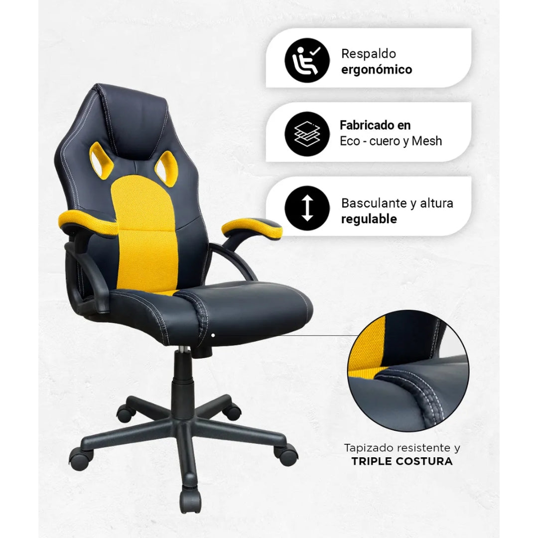 Silla Gamer DeSillas Pro Momentum Negro/Amarillo - Ergonómica, Giratoria, Soporte Lumbar